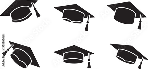Six different graduation caps displayed in a two by three grid pattern.