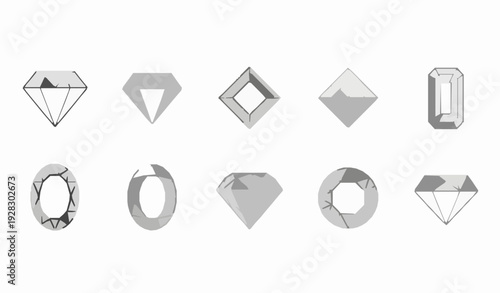 Diamond and Gemstone Outline Icon Set with Faceted Brilliant Luxury Jewelry Vector Collection on White Background