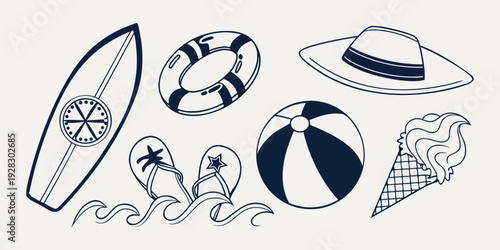A whimsical illustration featuring a variety of beach and water sports equipment Vector