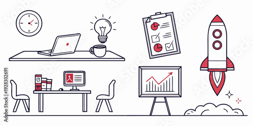 Illustration of a person working from home with various business and technology icons Vector