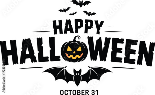 Spooky Happy Halloween greeting with a grinning pumpkin and flying bats on October 31st, festive decorations