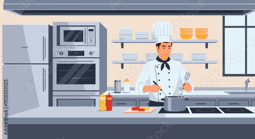 Chef cooking in modern kitchen with stainless steel appliances and tools