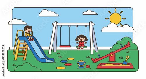 Children enjoying playground fun with swing slide and teeter totter