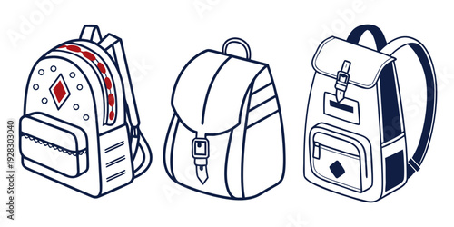 Three backpacks with various designs and colors, including a red cross backpack. Vector