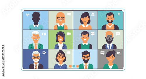 Diverse group of people in video conference interface isolated on white