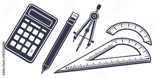 A collection of mathematical tools including a calculator, compass, protractor, and set square. Vector
