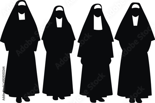 Nun silhouettes set, religious women in traditional habit standing poses isolated black vector illustration collection