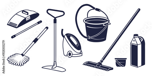 A collection of various cleaning tools and supplies arranged together Vector