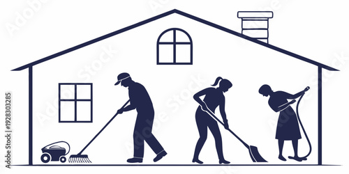 A family working together to clean and maintain their home. Vector
