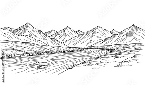 Mountain river panoramic landscape sketch black and white vector
