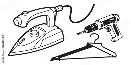 Iron and drill on a white background with black outlines Vector