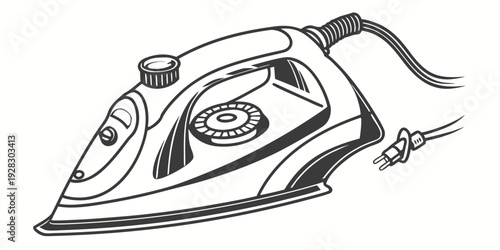 A vintage steam iron with a wooden handle and a round base. Vector