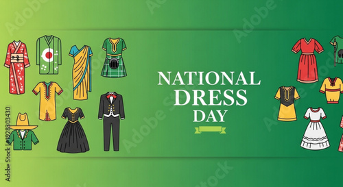 National dress day celebration with traditional clothing from around the world on green background