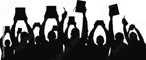 Protest crowd silhouettes with raised banners, demonstration rally people isolated black vector illustration for activism concept