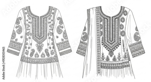 Detailed black and white illustration of embroidered tunics with fringe and floral patterns on a white background showcasing front and back views