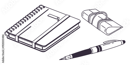 A sketch of a notebook, pen, and a piece of paper with a sandwich. Vector