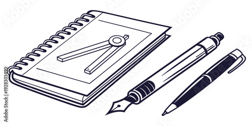 A sketchbook with a pen and a pencil on a white background. Vector