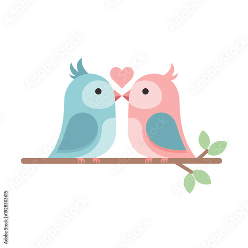 Lovebirds kissing on branch in soft pastel colors with heart symbol for valentines day greeting card