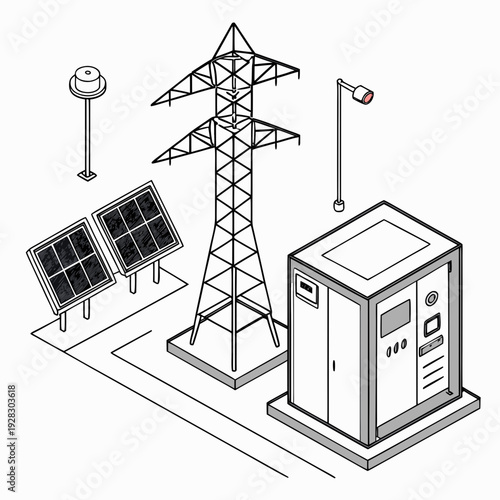 Isometric view of power infrastructure with solar panels and electrical tower