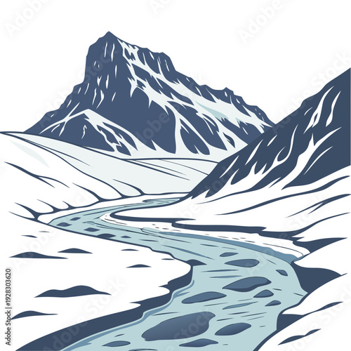 Frozen river flowing through snowy mountain landscape