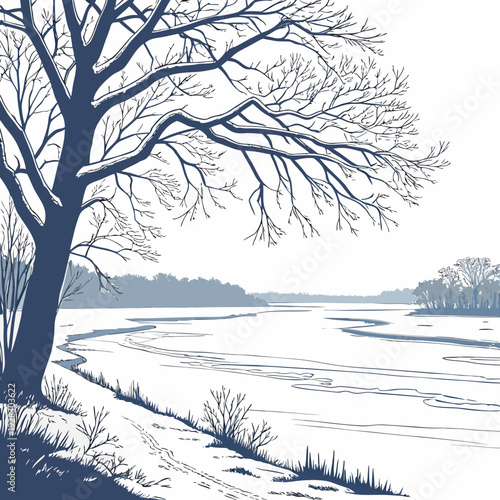 Winter landscape with bare tree on frozen lake shore