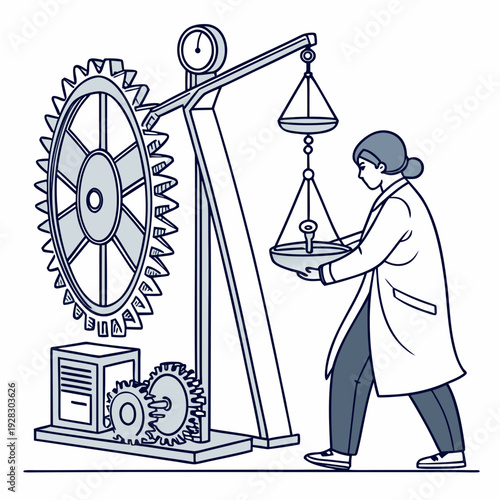 Woman in lab coat holding scale next to large gear and clockwork mechanism
