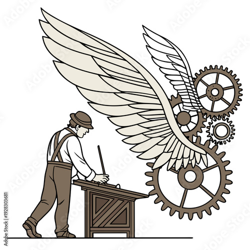 Steampunk worker with winged mechanical device and gears