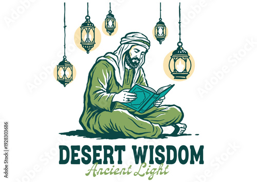 Desert wisdom. Enlightened scholar reading ancient book. Ornate Arabian lanterns. Traditional Middle Eastern study. Spiritual knowledge light.