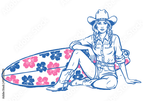 Cowgirl surfer fusion graphic. Western beach style illustration. Summer vacation vibes. Floral surfboard pop art. Retro character design.