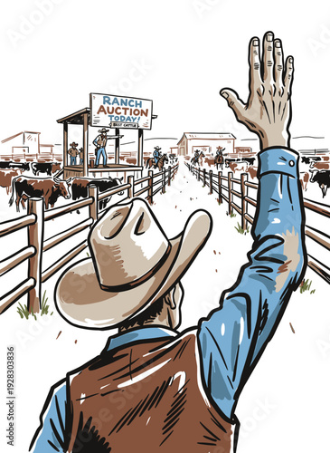 Cowboy rancher raising hand to bid at a lively cattle auction, hand drawn vector illustration for western agriculture business.