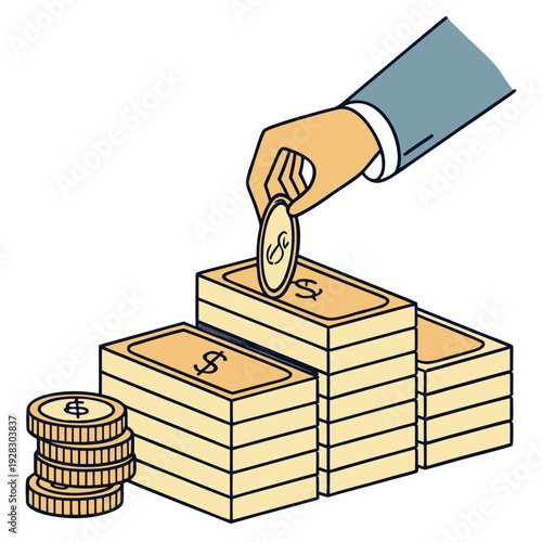 Hand placing coin on stack of gold money bills and coins
