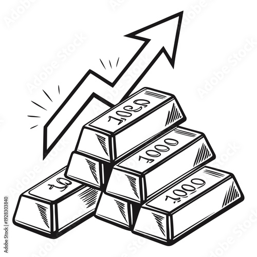 Of stacked gold bullion bars with rising arrow gold bars