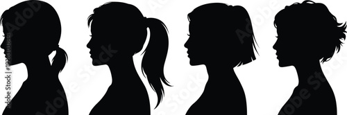 Female Profile Silhouettes with Different Hairstyles in Side View – Elegant Women Heads for Beauty, Hair Salon, or Fashion Concepts