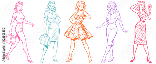 Retro pop art women vector graphic. Vintage fashion ladies set. 1950s style illustration collection. Pin-up girls design elements.