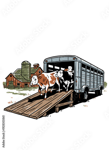 Cows and calves exiting livestock transport trailer at a rural farm. Hand drawn vector illustration for agricultural branding and design.