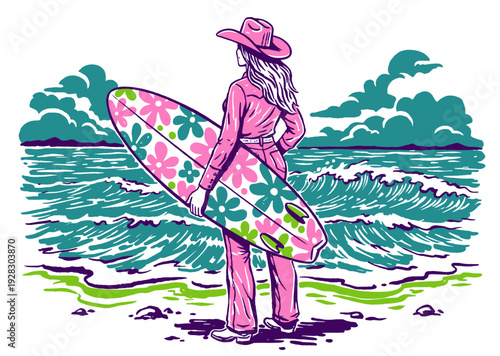 Pink cowgirl surfer illustration. Retro beach lifestyle. Floral surfboard design. Ocean waves graphic art. Summer vacation adventure. Coastal fashion.