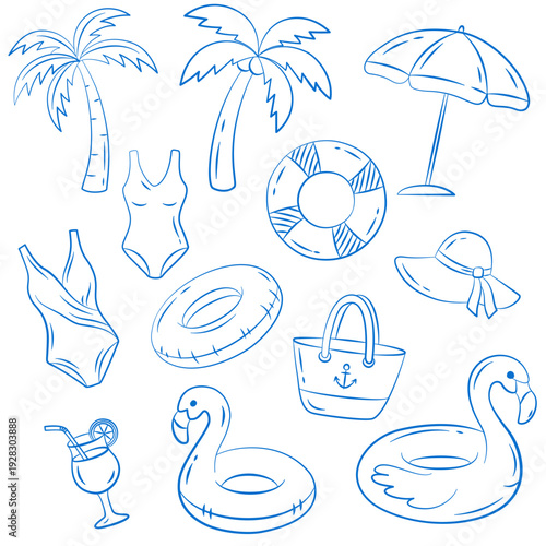 Summer vacation modern hand drawn sketch style illustrations. Bon voyage illustration, sea beach, Mediterranean life