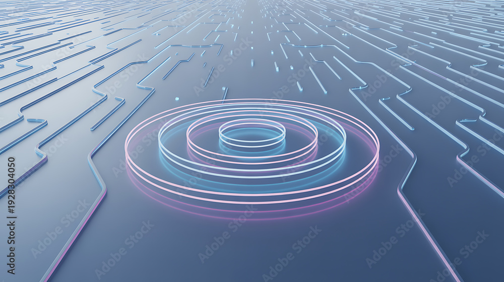 Fototapeta premium Abstract digital landscape with glowing pink and blue concentric circles on a circuit board pattern, futuristic connection
