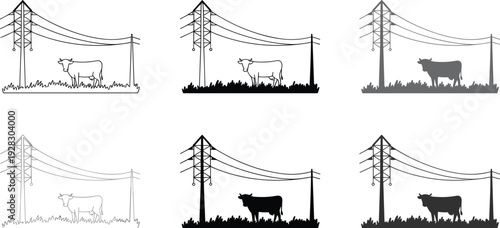 Stylized of a cow standing near a power line tower in various monochromatic and silhouette styles