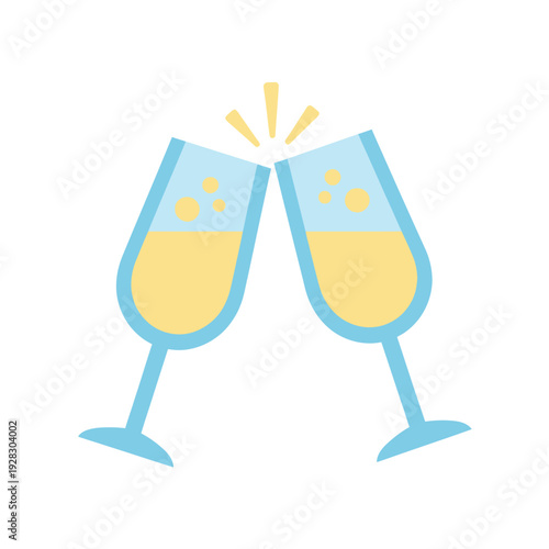 Clinking Champagne Flutes Celebration Toast in Simple Flat Design with Bright Yellow and Blue Colors for Wedding Invitation