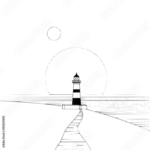 Lighthouse on a path with a sun or moon in the sky and ocean water in the background in black and white