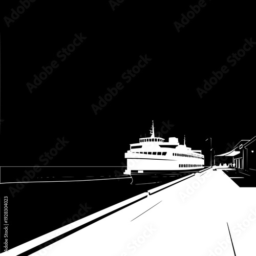 Ferry boat docked at a pier with a terminal building under a dark sky in black and white illustration