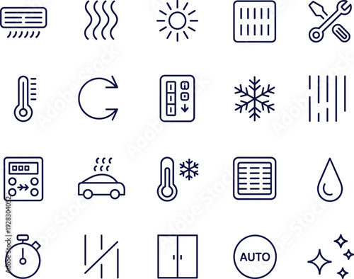 Air conditioning and climate control line icon set with heating, cooling and ventilation symbols isolated on white background