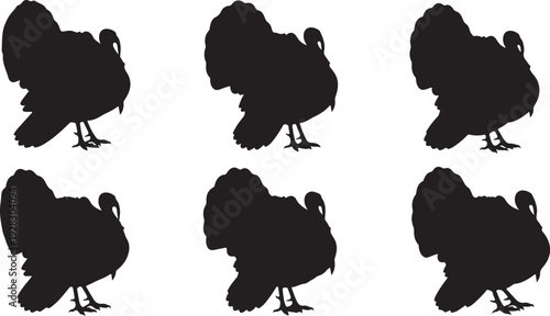 Six black silhouettes of turkeys standing in a row on a white background.