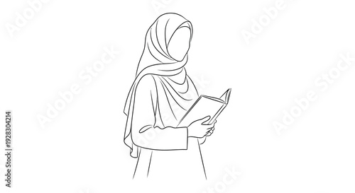 A minimalist line drawing depicts a woman wearing a hijab reading a book a striking silhouette high quality
