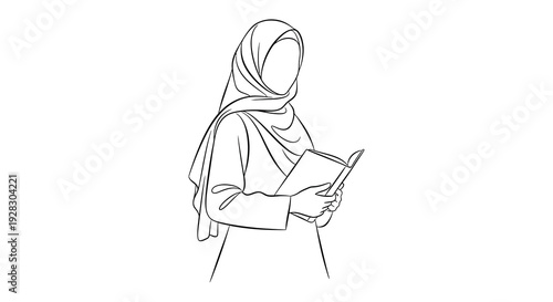 A minimalist line drawing depicts a woman reading a book showcasing an elegant silhouette high quality professional detailed