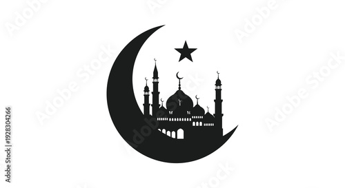 A striking black silhouette depicts a crescent moon star and mosque complex evoking islamic imagery and tradition silhouette