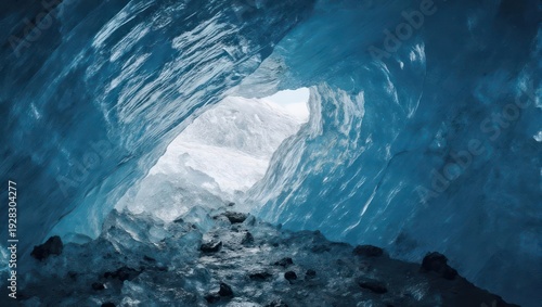 Ethereal Ice Cave Interior with Light at the End of Tunnel.