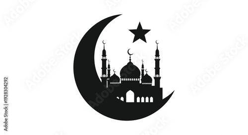 A striking black silhouette depicts a crescent moon star and mosque complex evoking islamic tradition silhouette high quality