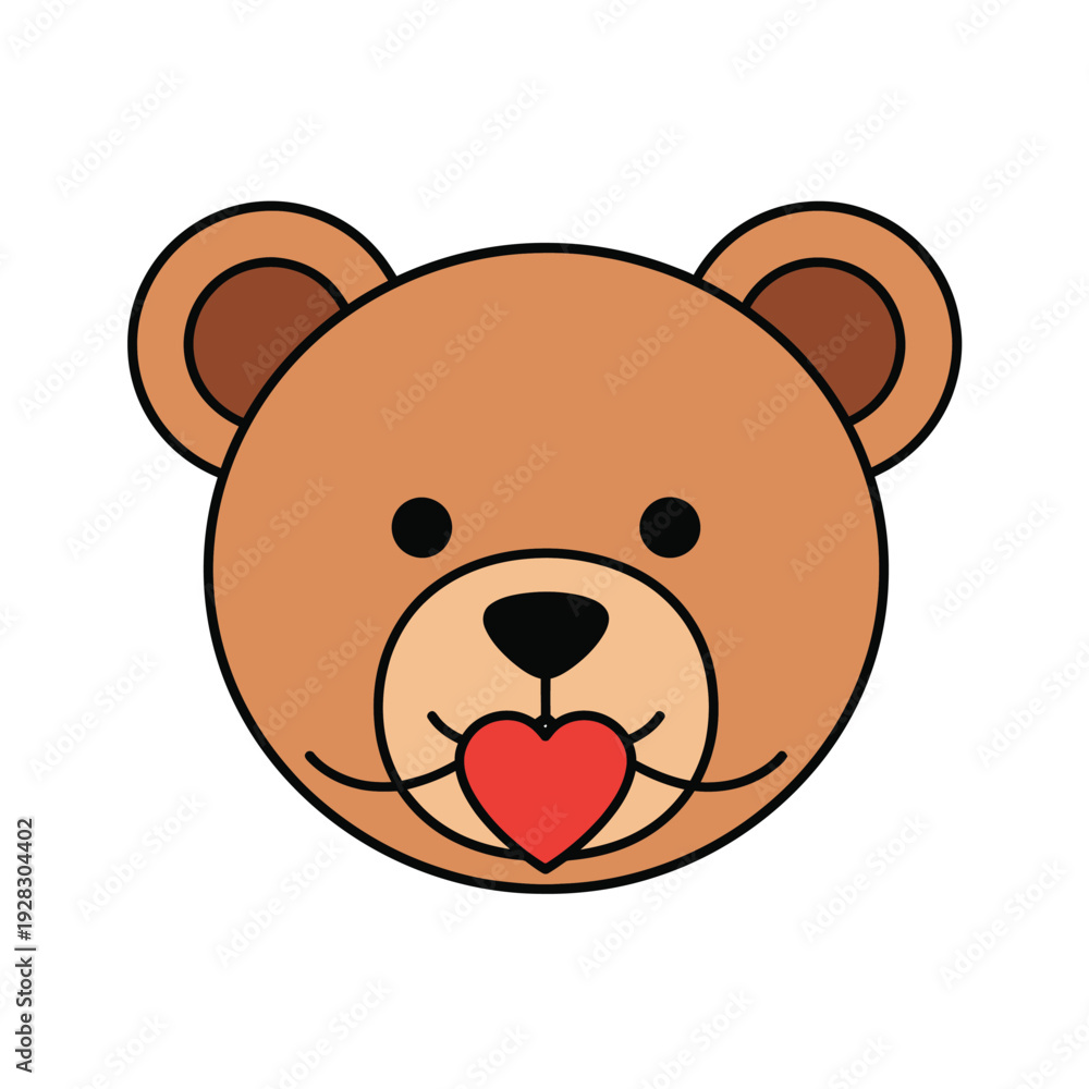 Obraz premium Cartoon bear face with heart shaped tongue in cute kawaii style with bright red and brown colors on white background for valentines day greeting card